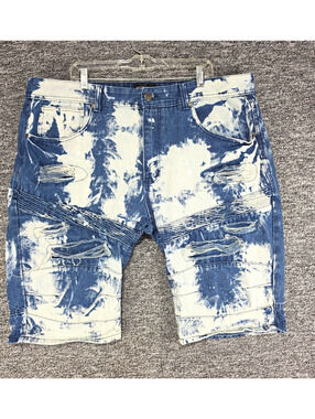 Kroix Chino Shorts Men Denim Tie-Dye Distressed 5-Pocket Blue White Button